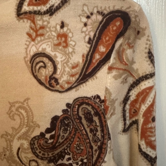 Talbots Cream and Brown Paisley Sweater Pure Merino Wool - Picture 2 of 13